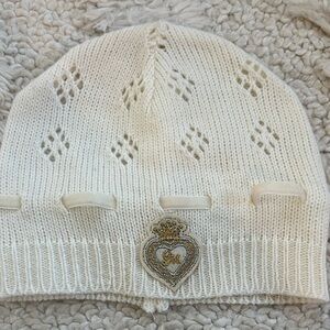 Ivory Knit Beanie with Heart Crest Embellishment